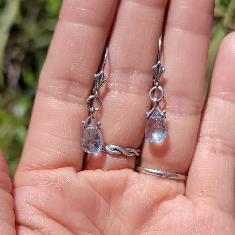 Fancy 925 sterling silver faceted blue topaz dangle earrings lever back